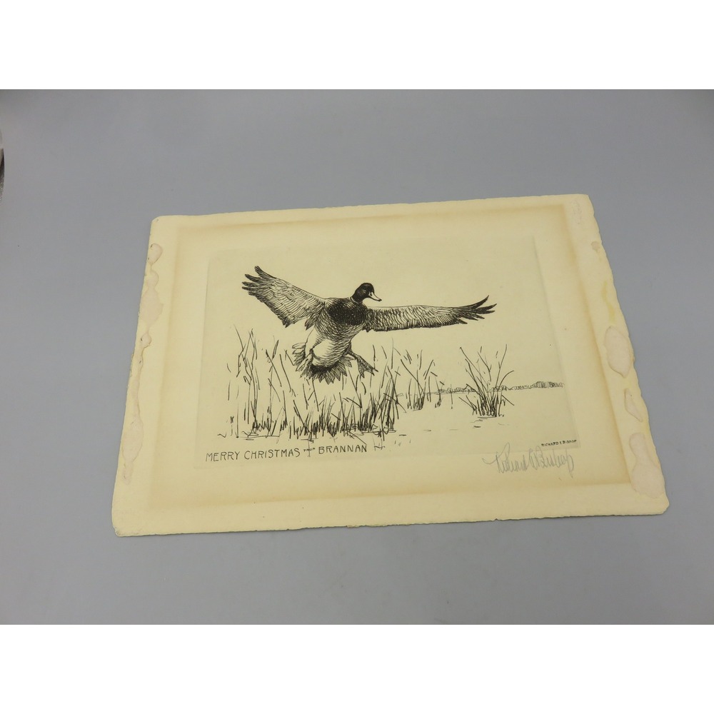 Vintage 1941 Richard E Bishop Signed Duck Etching Print Merry Christmas Brannan